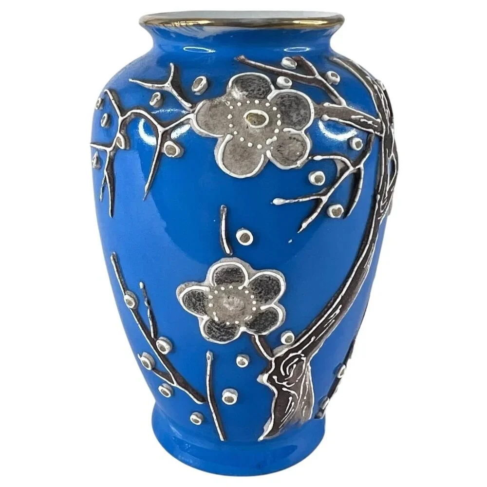 Vintage‎ Blue Hand Painted Japanese Vase Cherry Blossom Floral Design Made Japan